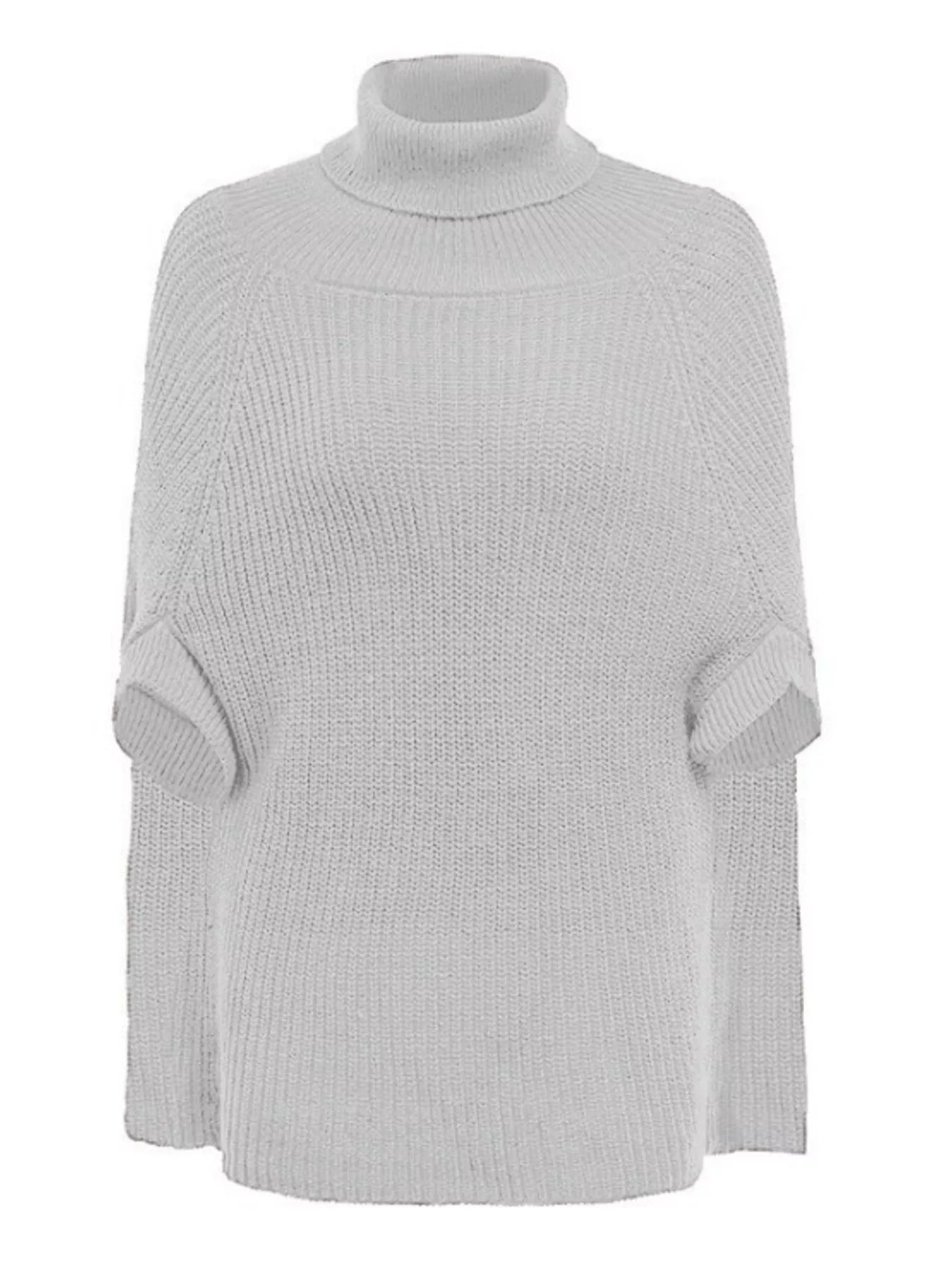 White Full Size Cape Turtleneck Knitted Sweater Women