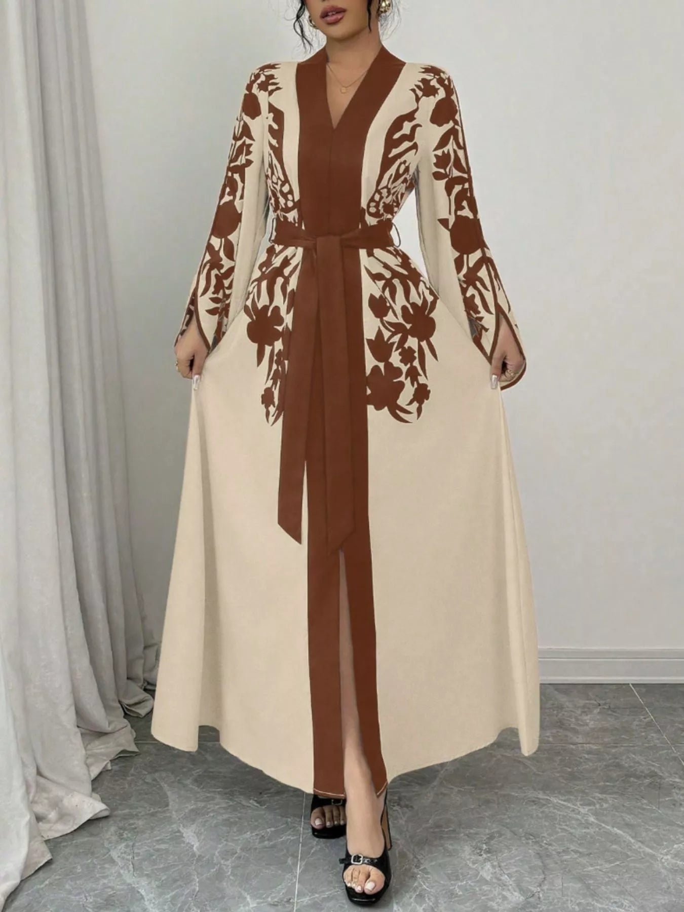 Women Printed Tie Waist Long Sleeve Maxi Dress | Jlouren