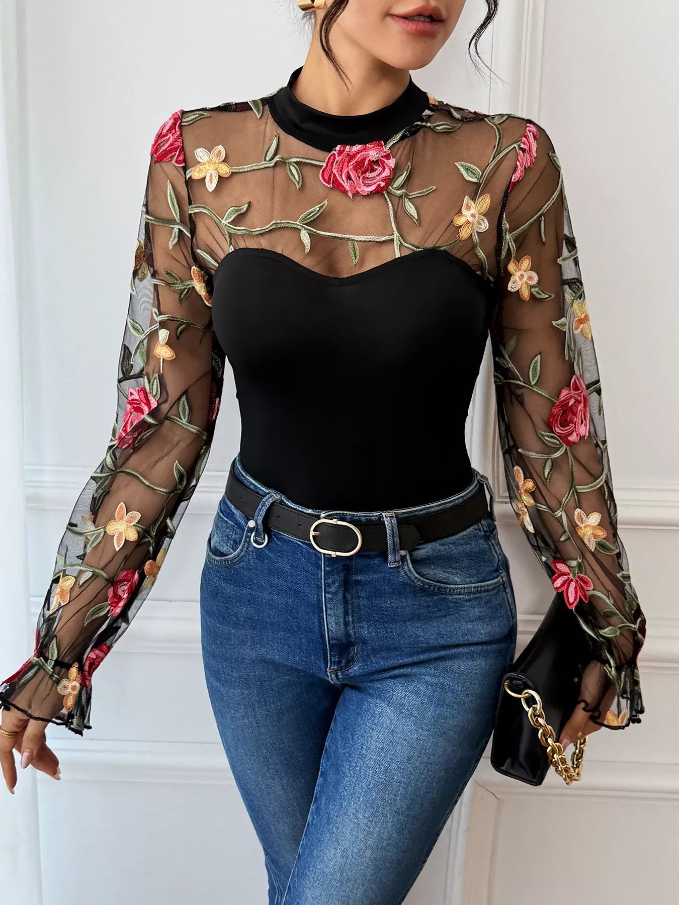 Floral Embroidered Mesh Black Long Sleeve Bodysuit |Jlouren