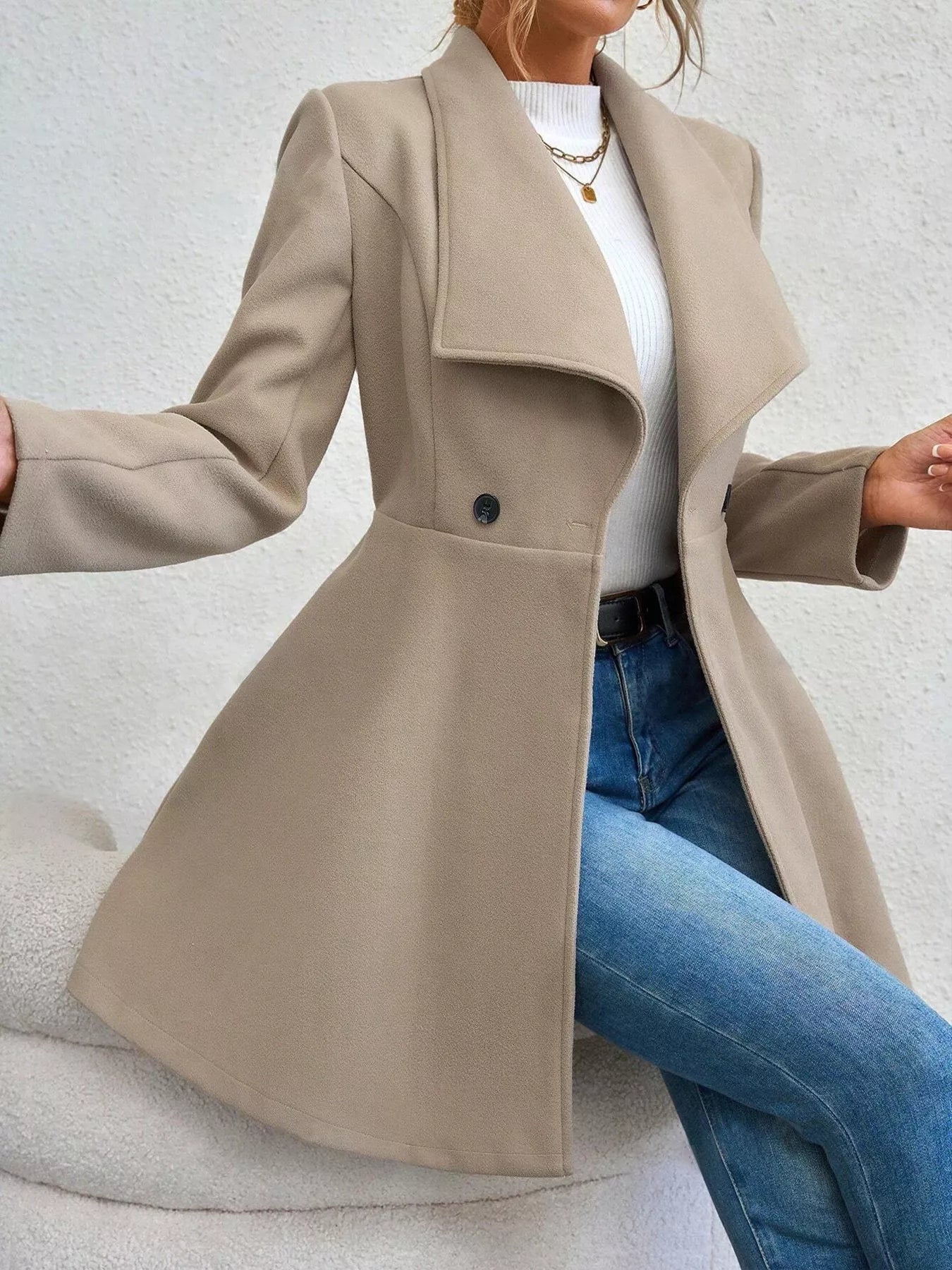 Elegant Women’s Double-Breasted Wool Blend Long Coat | JLouren
