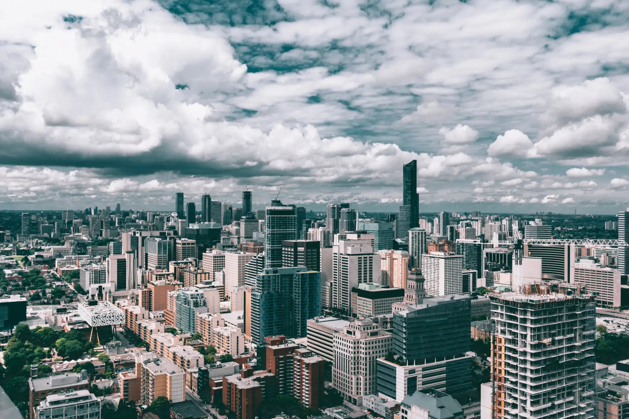 Black and white cityscape skyline with modern buildings