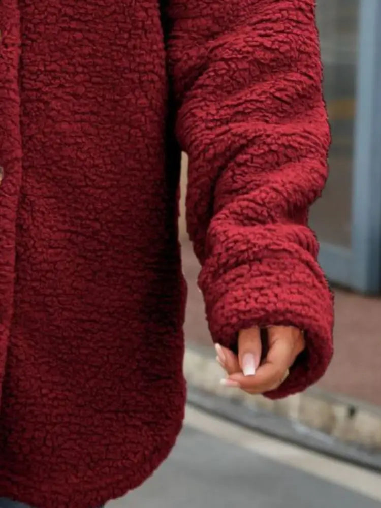 Women's Red Button Down Collar Fleece Cardigan | Jlouren