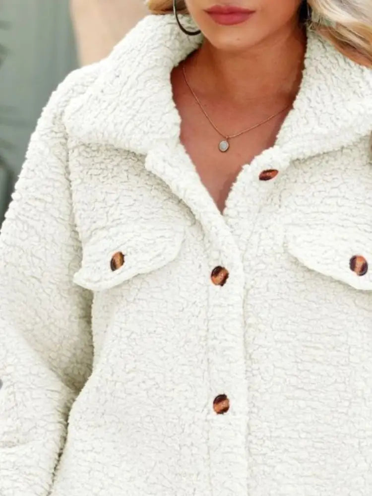 Women's White Button Down Collar Fleece Cardigan | Jlouren