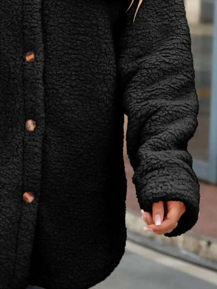 Women's Black Button Down Collar Fleece Cardigan | Jlouren