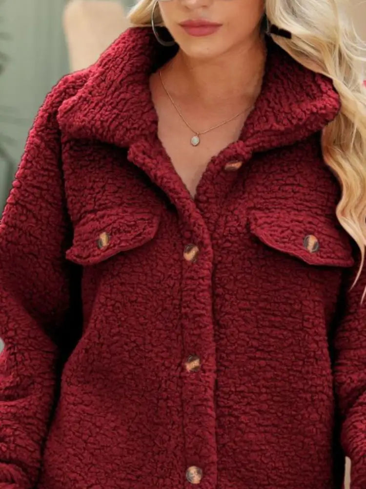 Women's Red Button Down Collar Fleece Cardigan | Jlouren