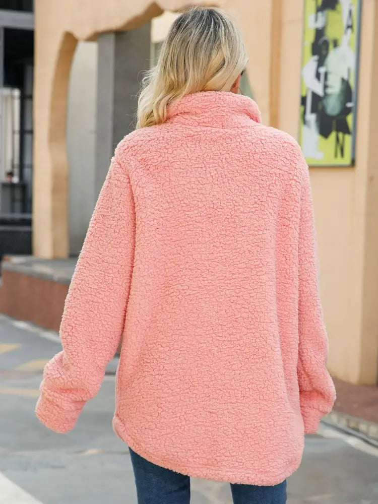 Women's Pink Button Down Collar Fleece Cardigan | Jlouren