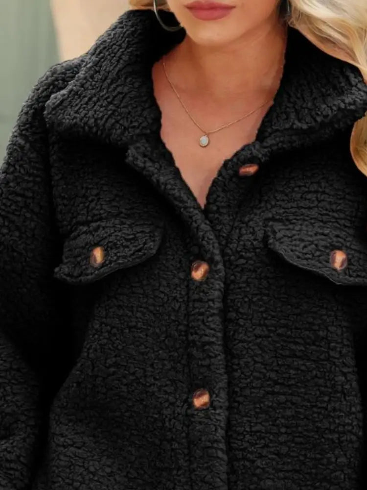 Women's Black Button Down Collar Fleece Cardigan | Jlouren