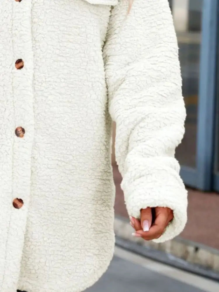 Women's White Button Down Collar Fleece Cardigan | Jlouren