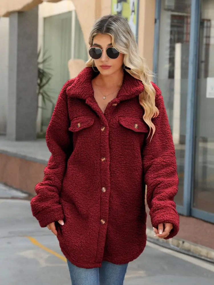 Women's Red Button Down Collar Fleece Cardigan | Jlouren