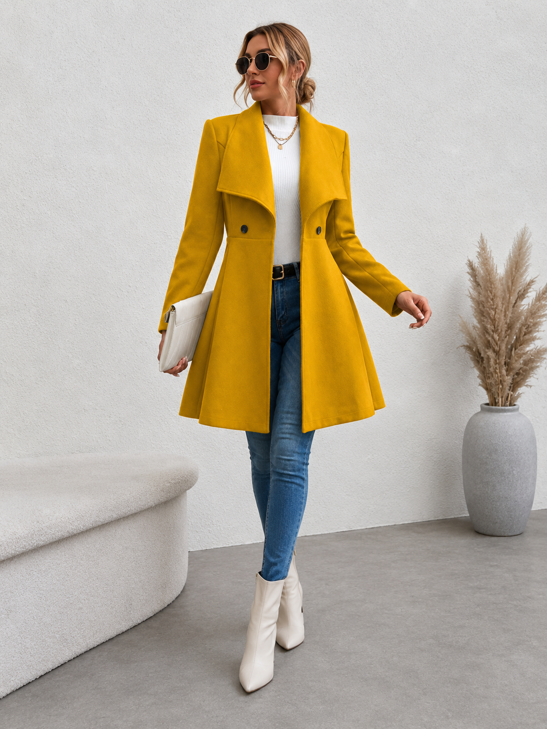 Women's Double-Breasted Fit & Flare Coat - Mustard