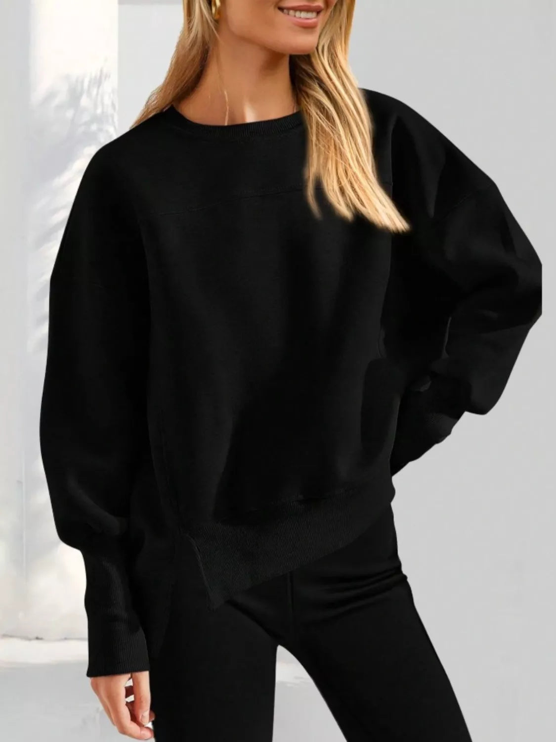 Casual Loose Side Slit Crewneck Sweatshirt