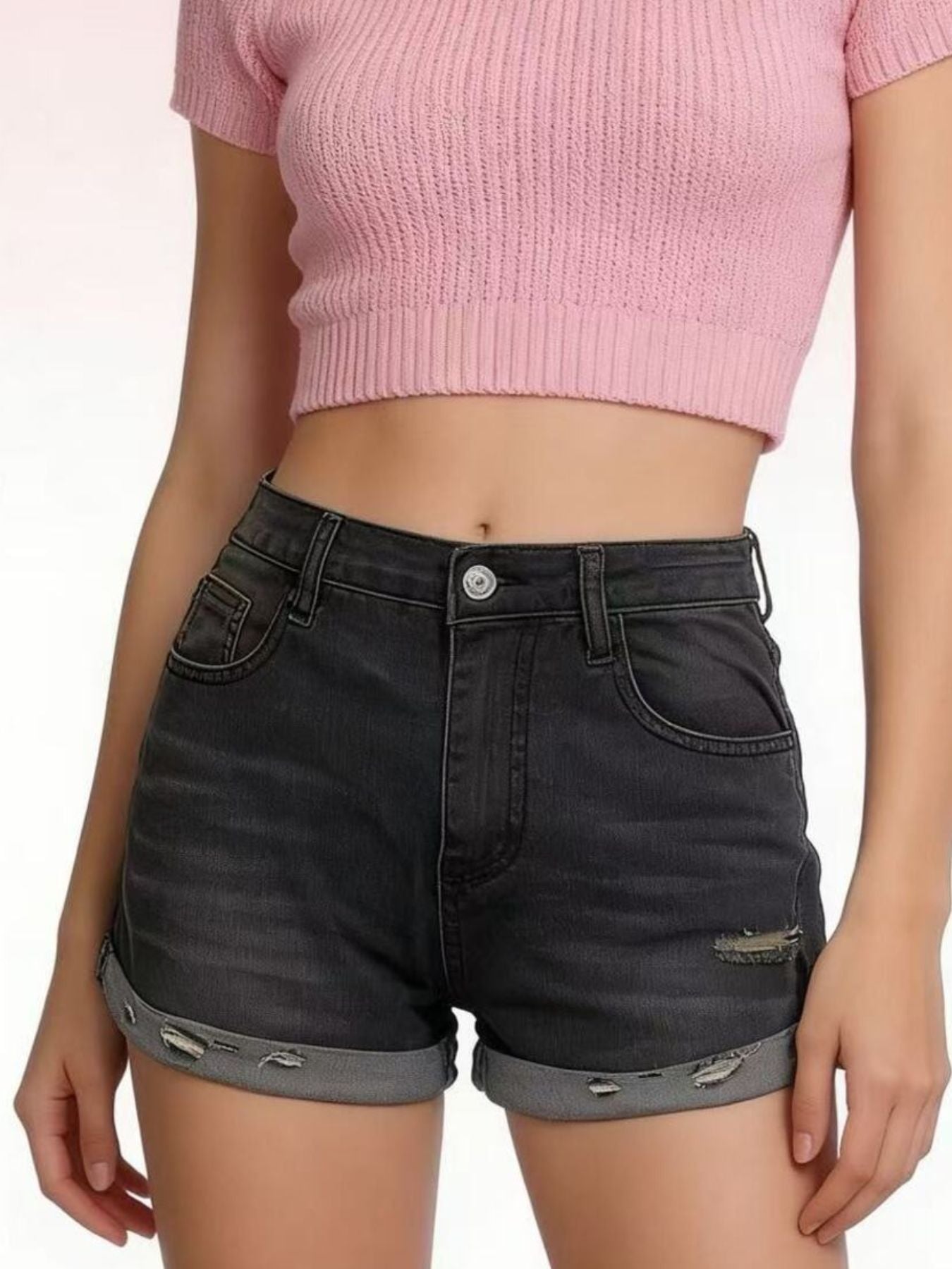 Women Distressed Denim Roll-Up Shorts