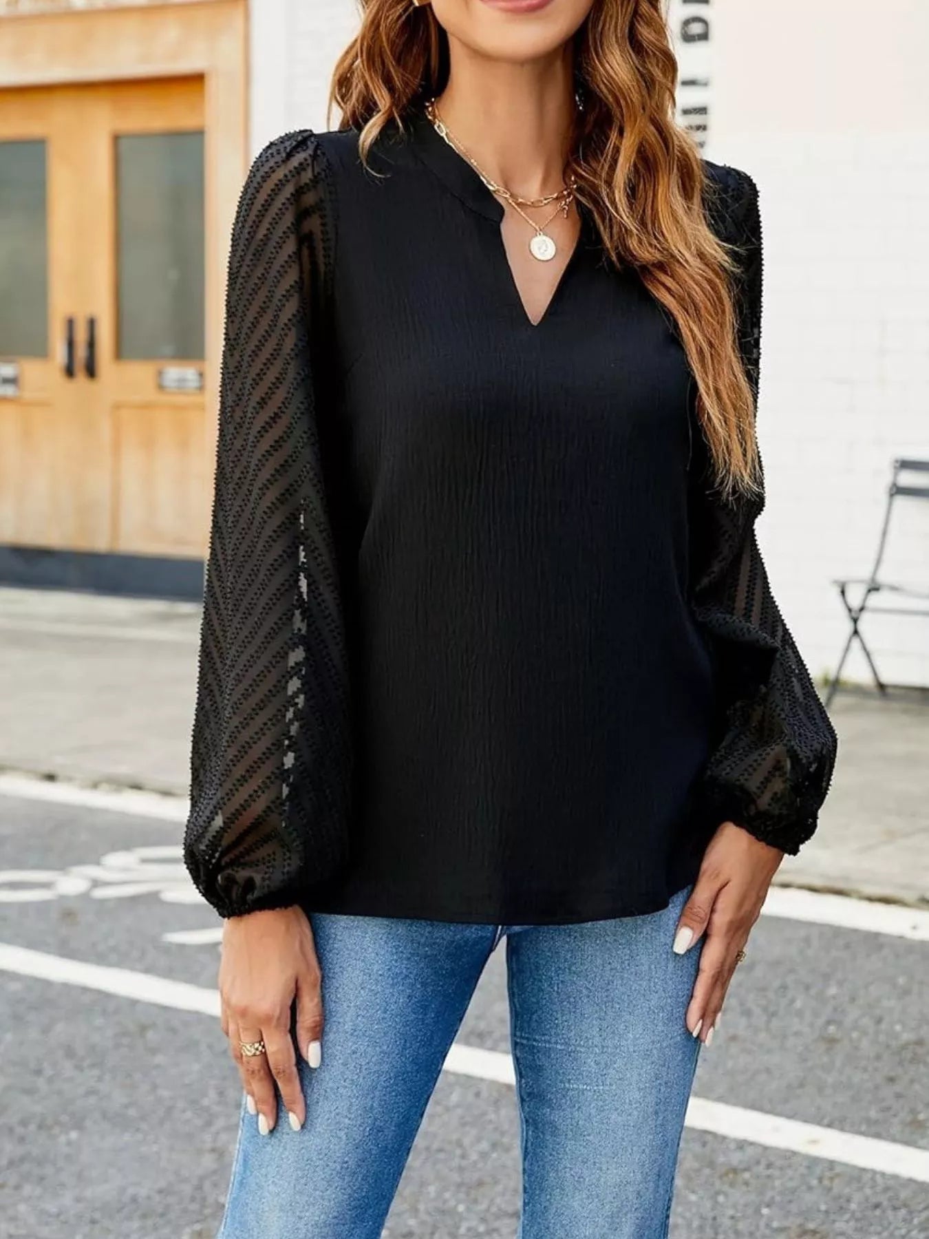 Women's V Neck Lace Chiffon Blouse | JLouren