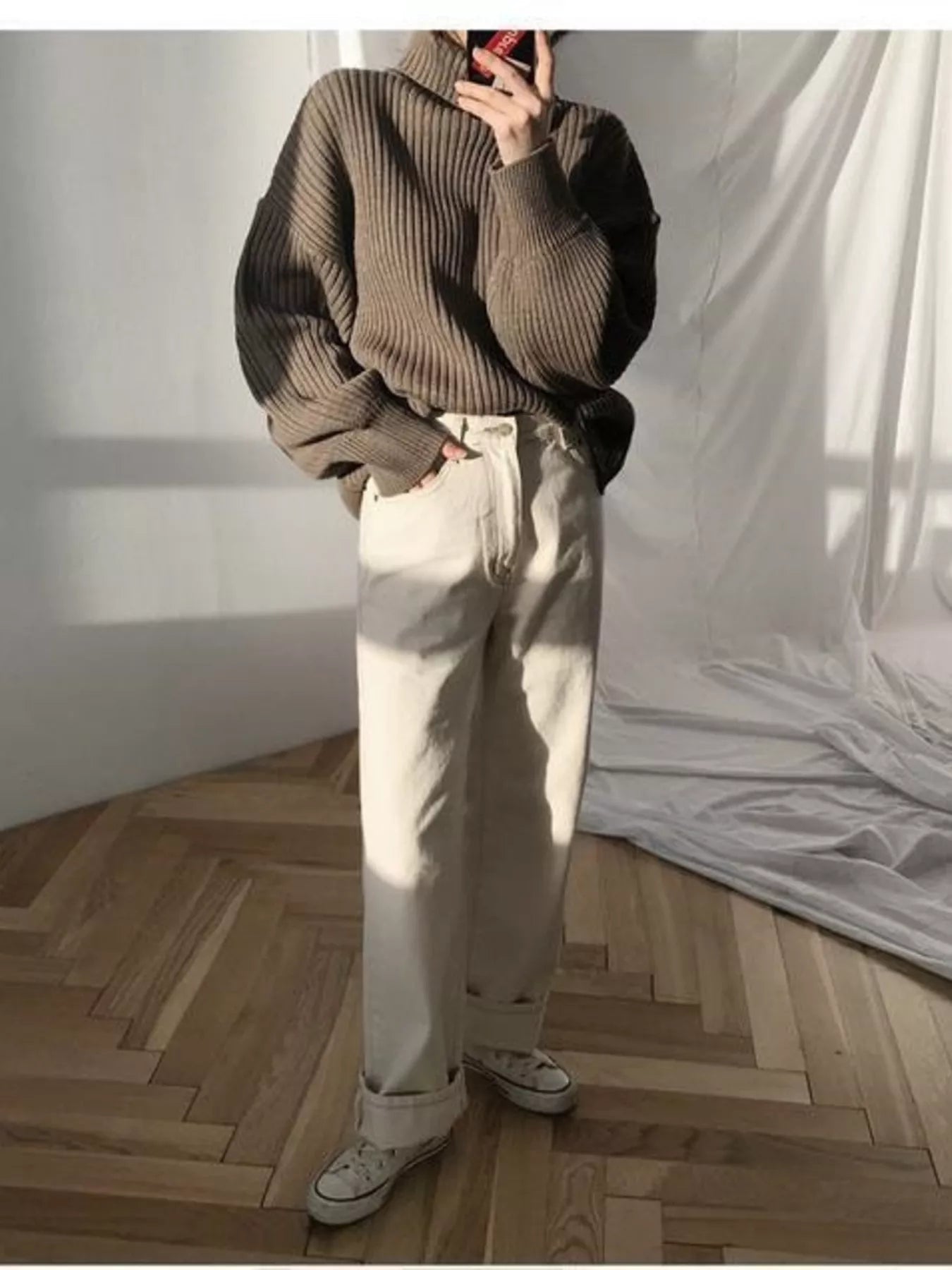 Full Size Ribbed Knit Oversized Turtleneck Sweater