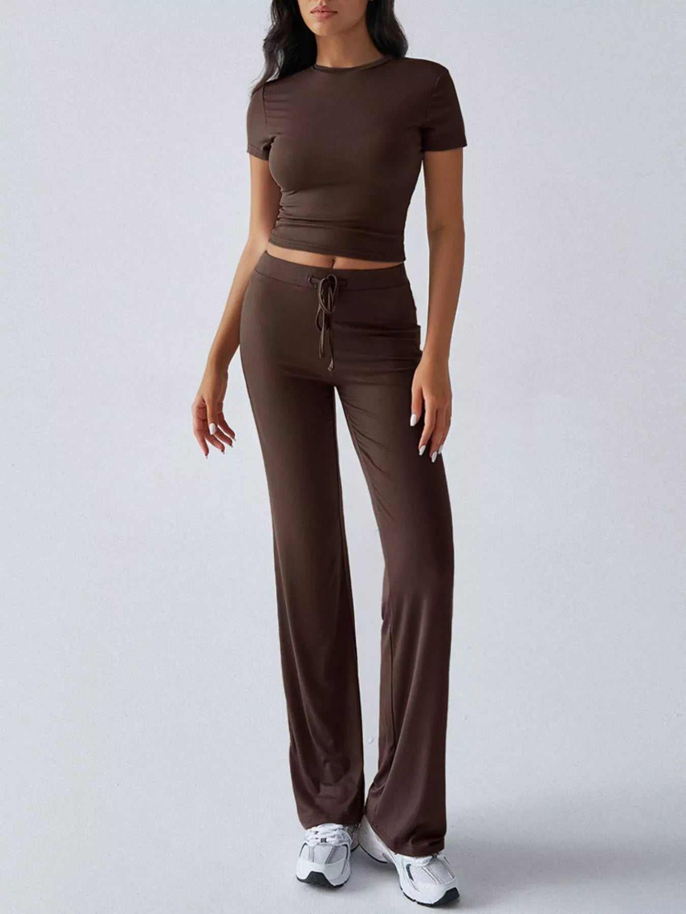 Mock Neck Cropped Top and Drawstring Flared Pants Set | JLouren