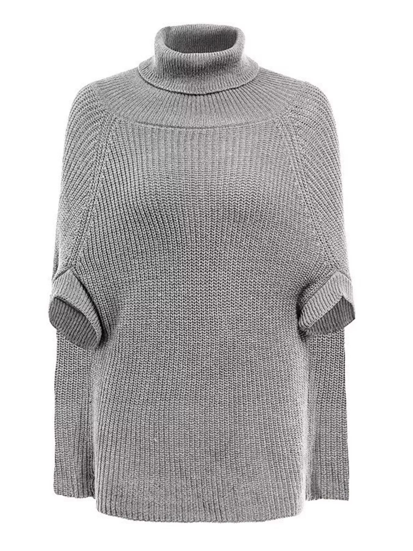 Grey Full Size Cape Turtleneck Knitted Sweater Women