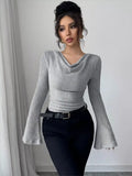 Women’s Draped Cowl Neck Ribbed Bodycon Top | JLouren 