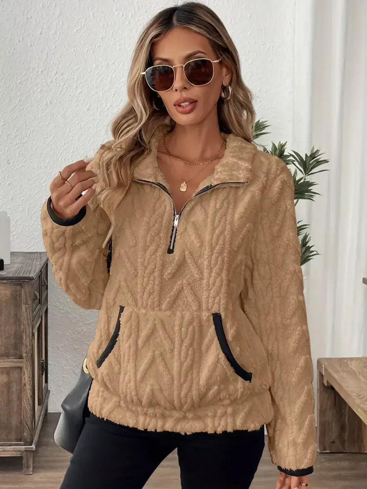 Brown Winter Half Zip Fleece Sweater Women