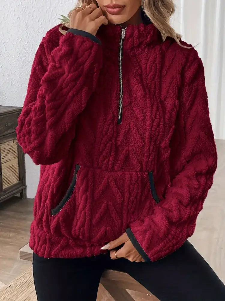 Red Winter Half Zip Fleece Sweater Women