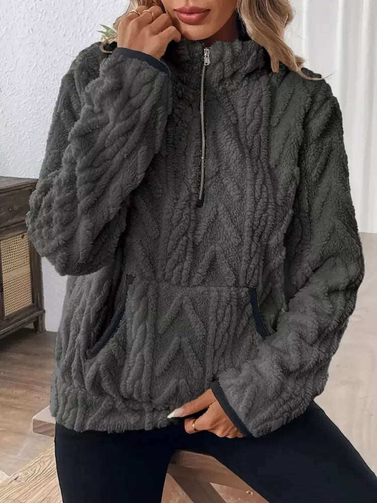 Dark Gray Winter Half Zip Fleece Sweater Women