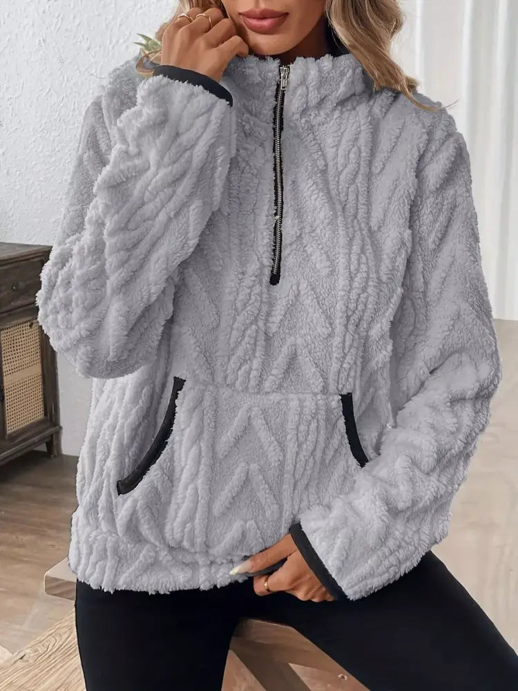 Gray Winter Half Zip Fleece Sweater Women