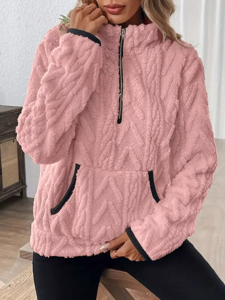 Pink Winter Half Zip Fleece Sweater Women