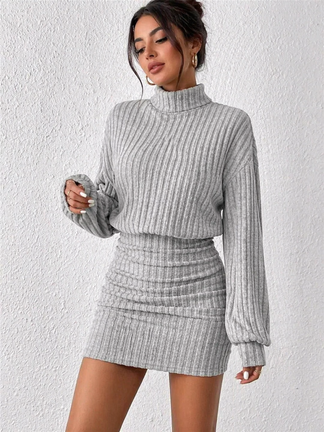 Ribbed Knit Turtleneck Bodycon Mini Dress