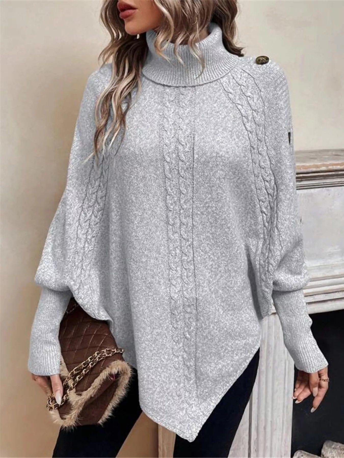 Grey Women’s Cable Knit Cape Turtleneck Sweater / Jlouren 