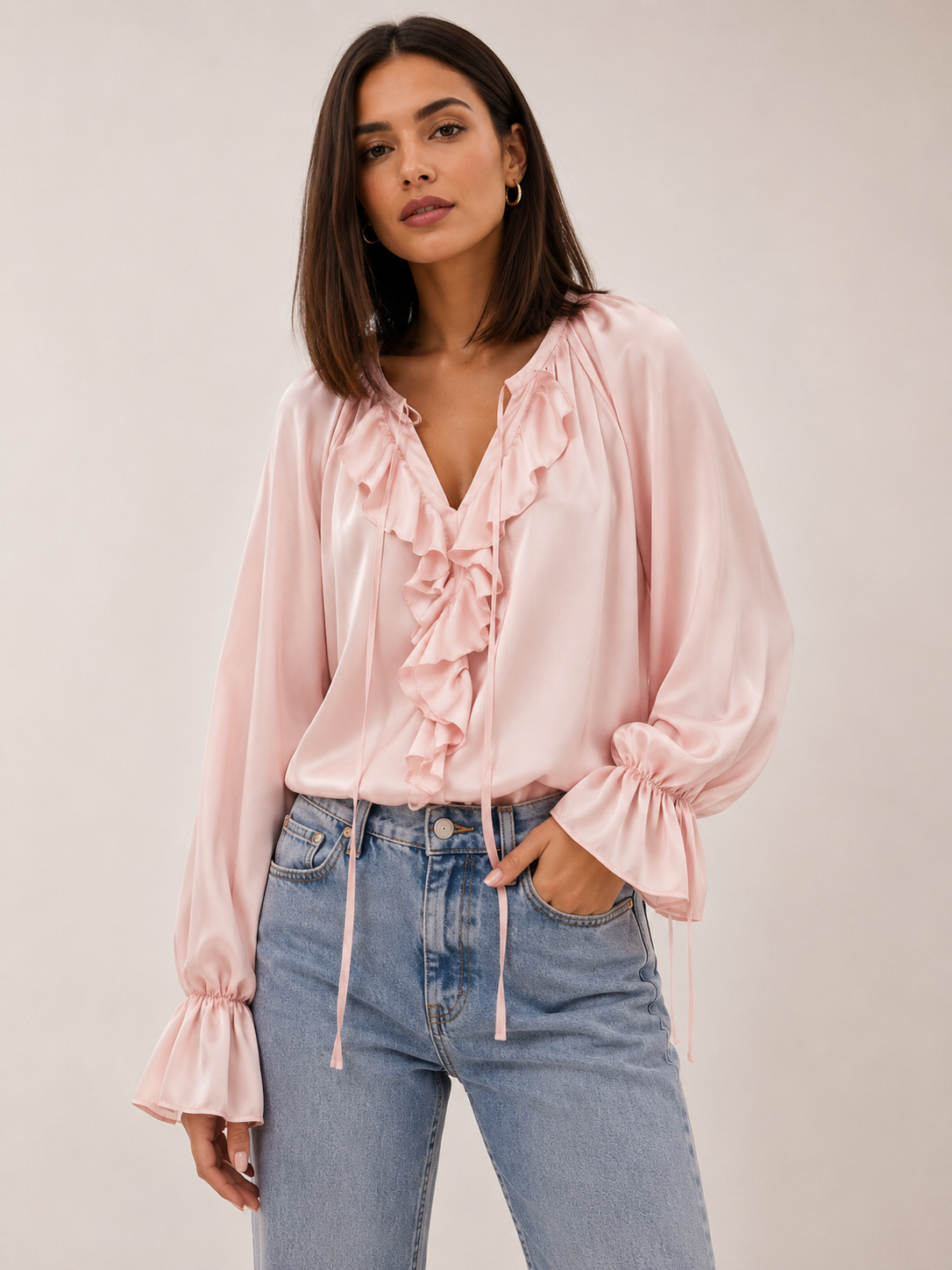 Ruffle Trim Satin Flounce Sleeve Blouse