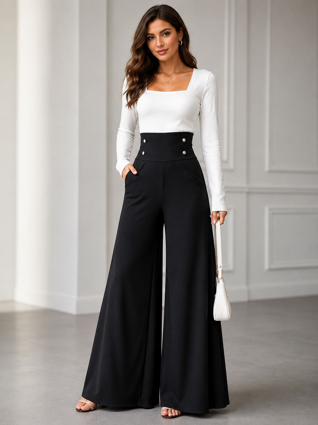 High Waist Wide Leg Button Decor Pants