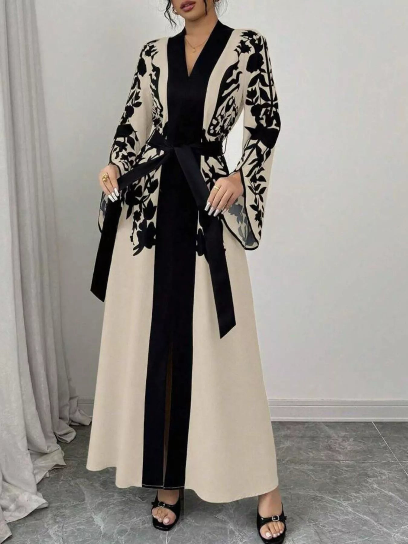 Women Printed Tie Waist Long Sleeve Maxi Dress | Jlouren