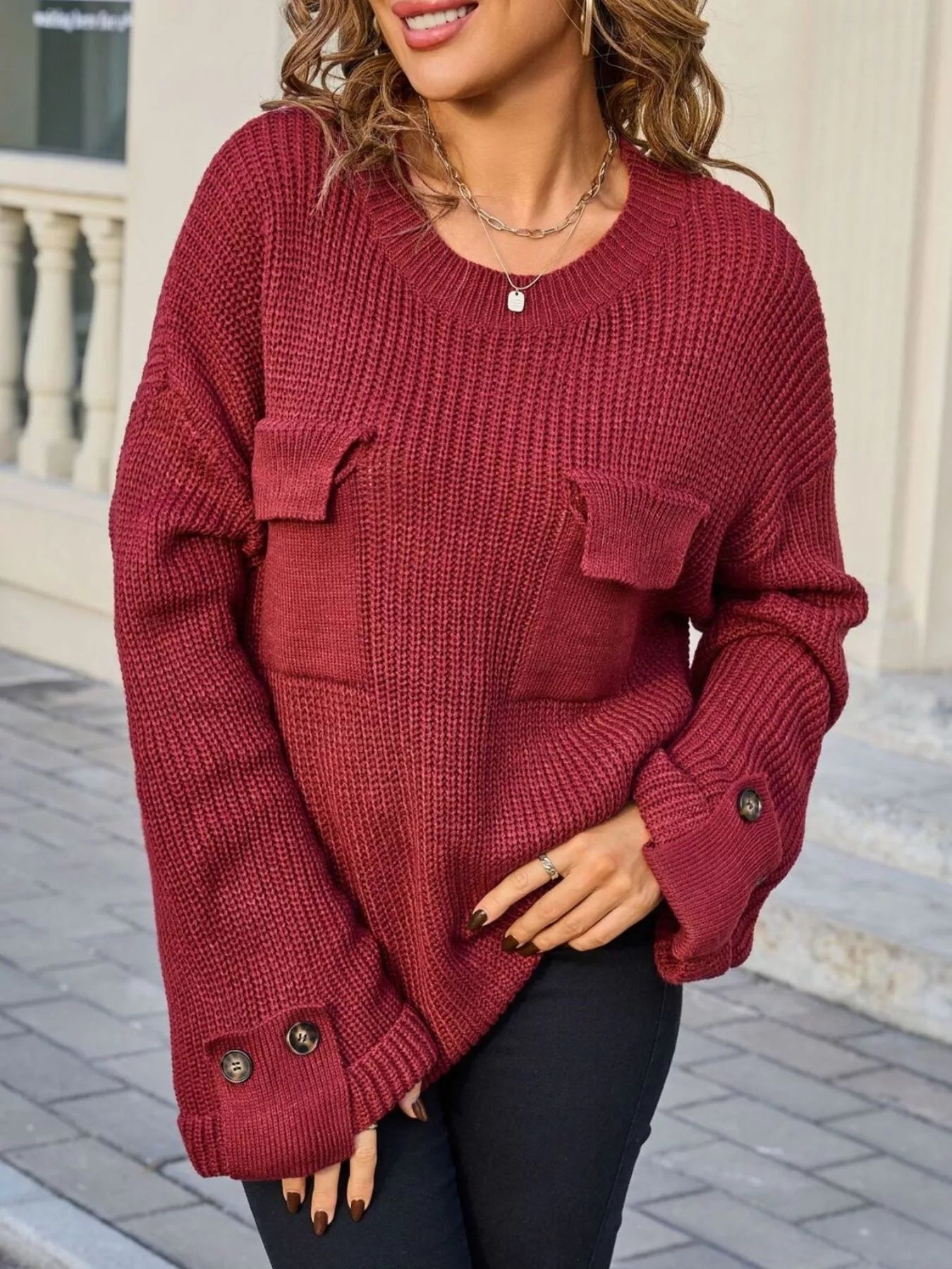 Pocket Detail Round Neck Knitted Sweater Women | JLouren
