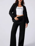 Black Drop Shoulder Zip Up Jacket and Drawstring Pants Active 2pcs Set