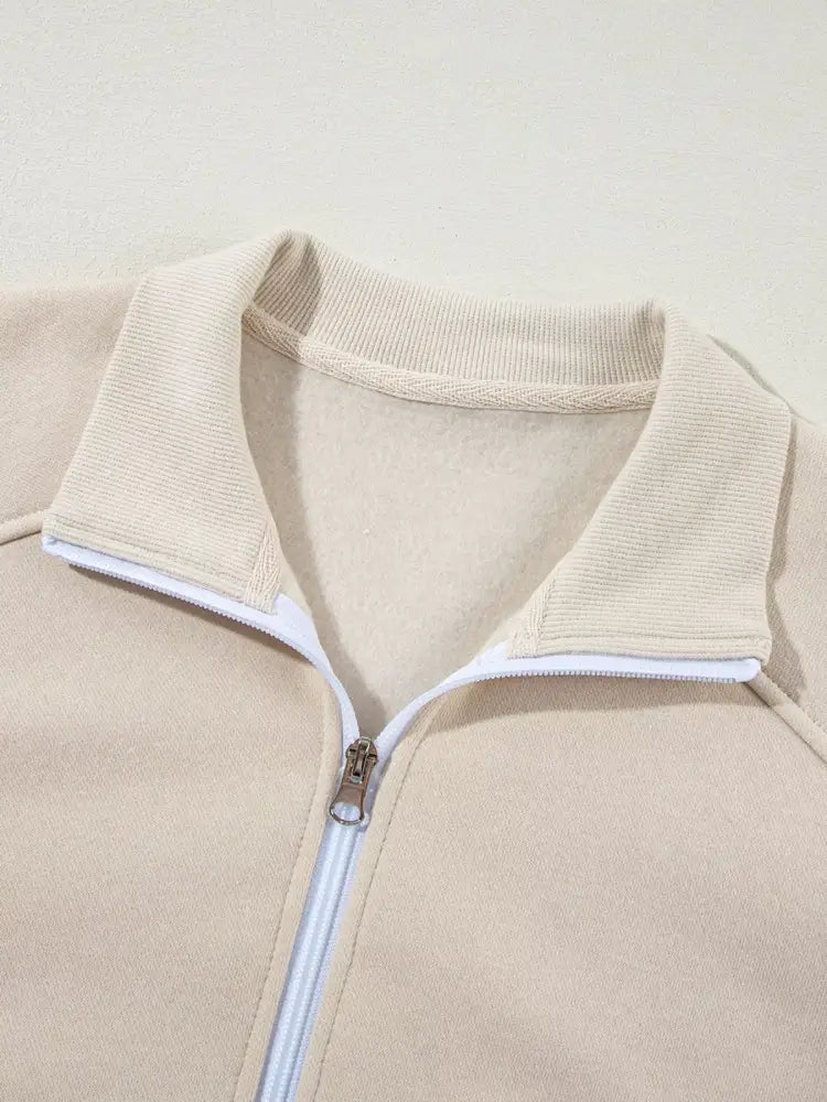 Beige Drop Shoulder Zip Up Jacket and Drawstring Pants Active 2pcs Set