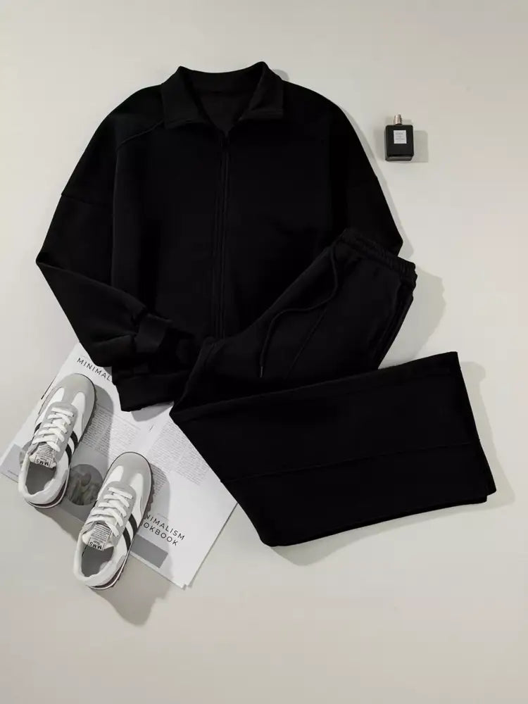 Black Drop Shoulder Zip Up Jacket and Drawstring Pants Active 2pcs Set