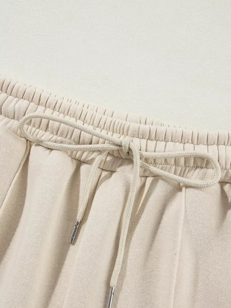 Beige Drop Shoulder Zip Up Jacket and Drawstring Pants Active 2pcs Set