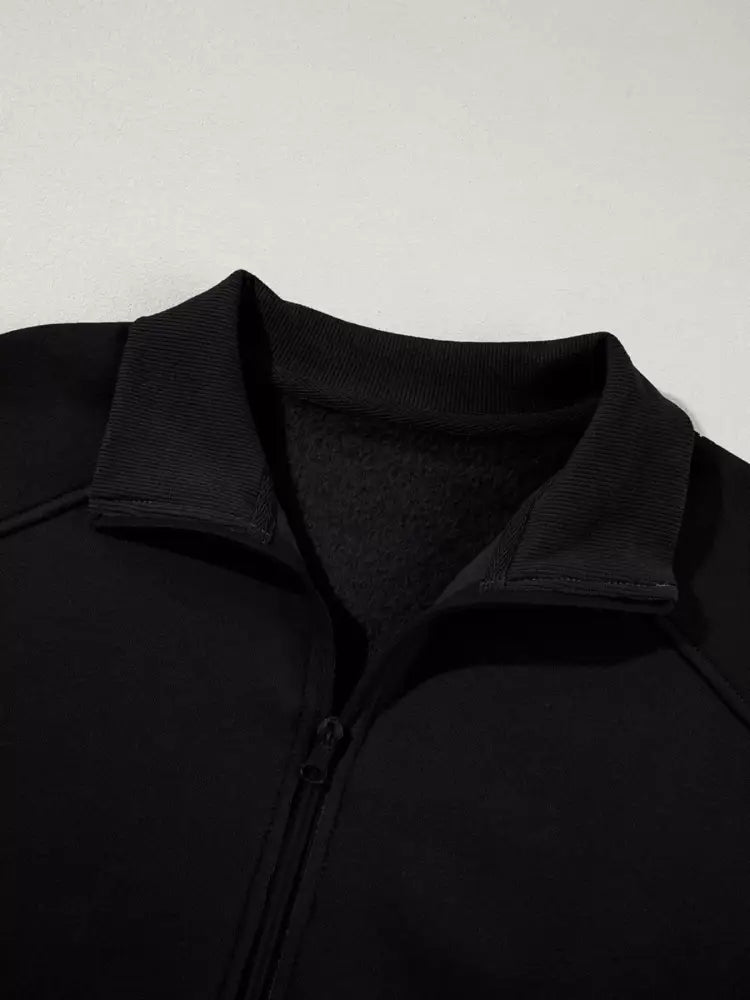 Black Drop Shoulder Zip Up Jacket and Drawstring Pants Active 2pcs Set