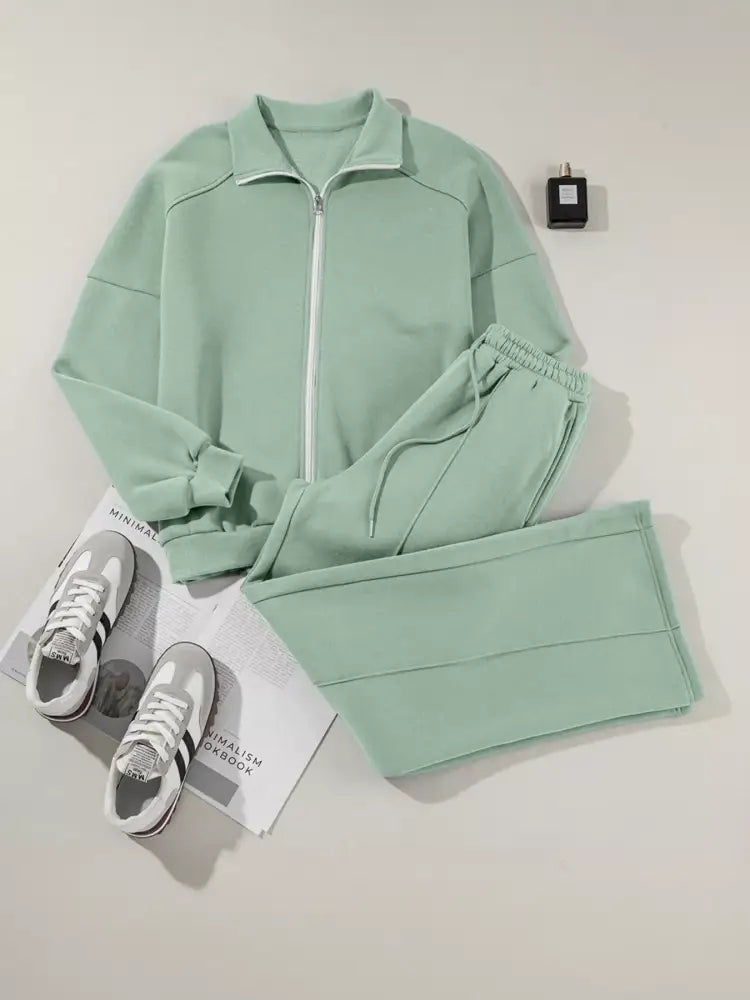 Sage Drop Shoulder Zip Up Jacket and Drawstring Pants Active 2pcs Set