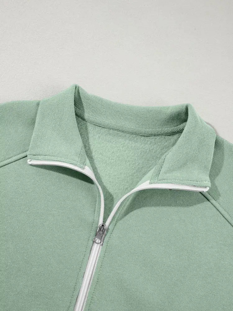 Sage Drop Shoulder Zip Up Jacket and Drawstring Pants Active 2pcs Set