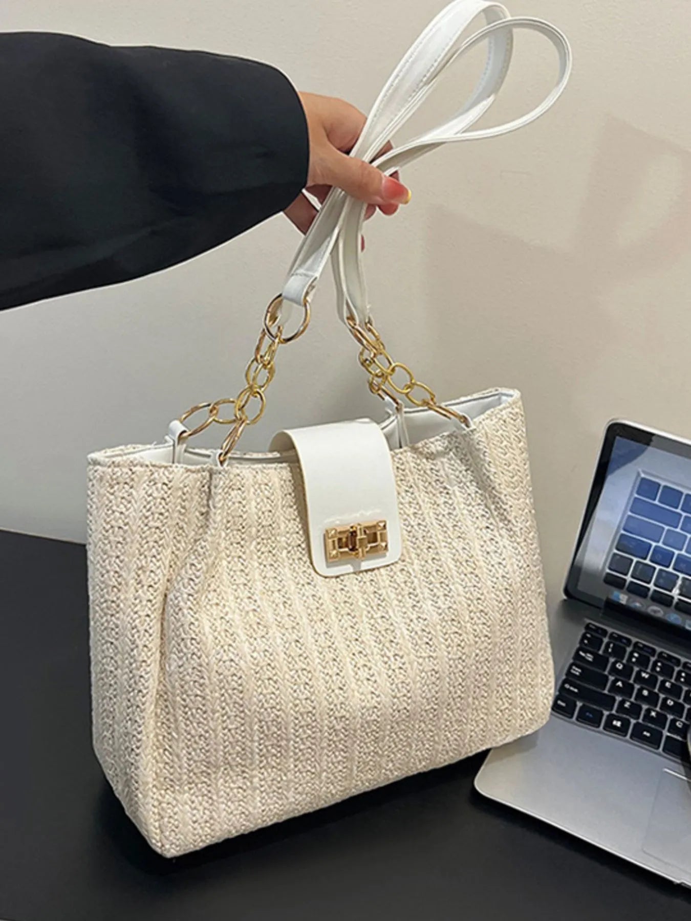 Medium woven straw tote bag with PU leather strap