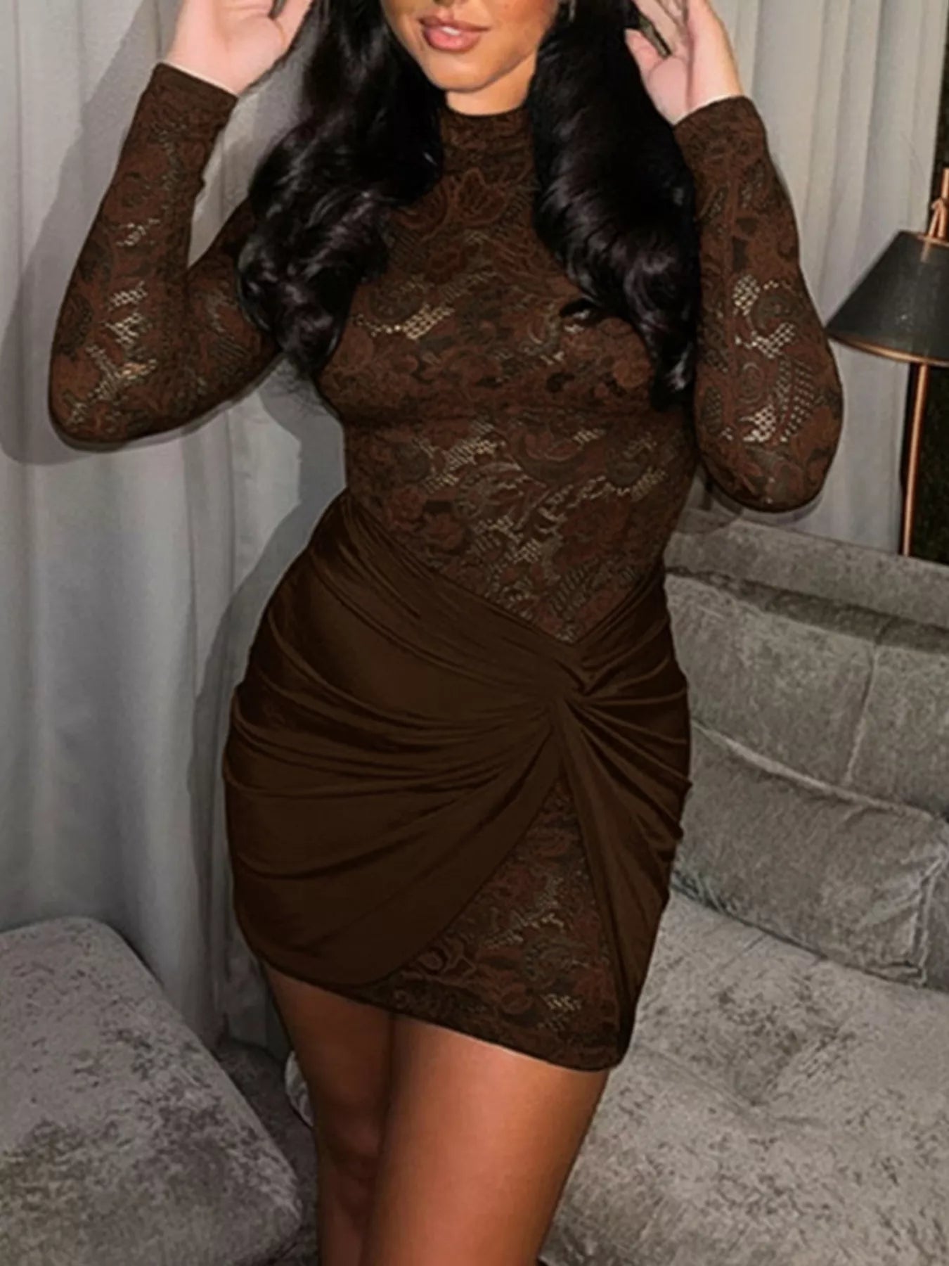 Women’s Bodycon Mini Lace Dress with Long Sleeves