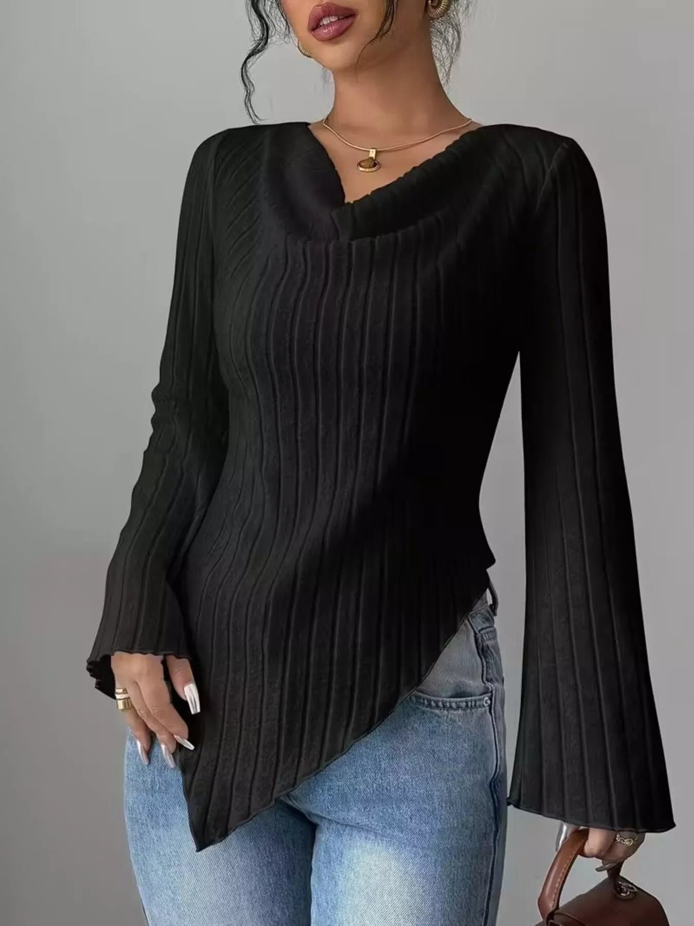 Women’s Draped Cowl Neck Ribbed Bodycon Long Sleeve Top | JLouren
