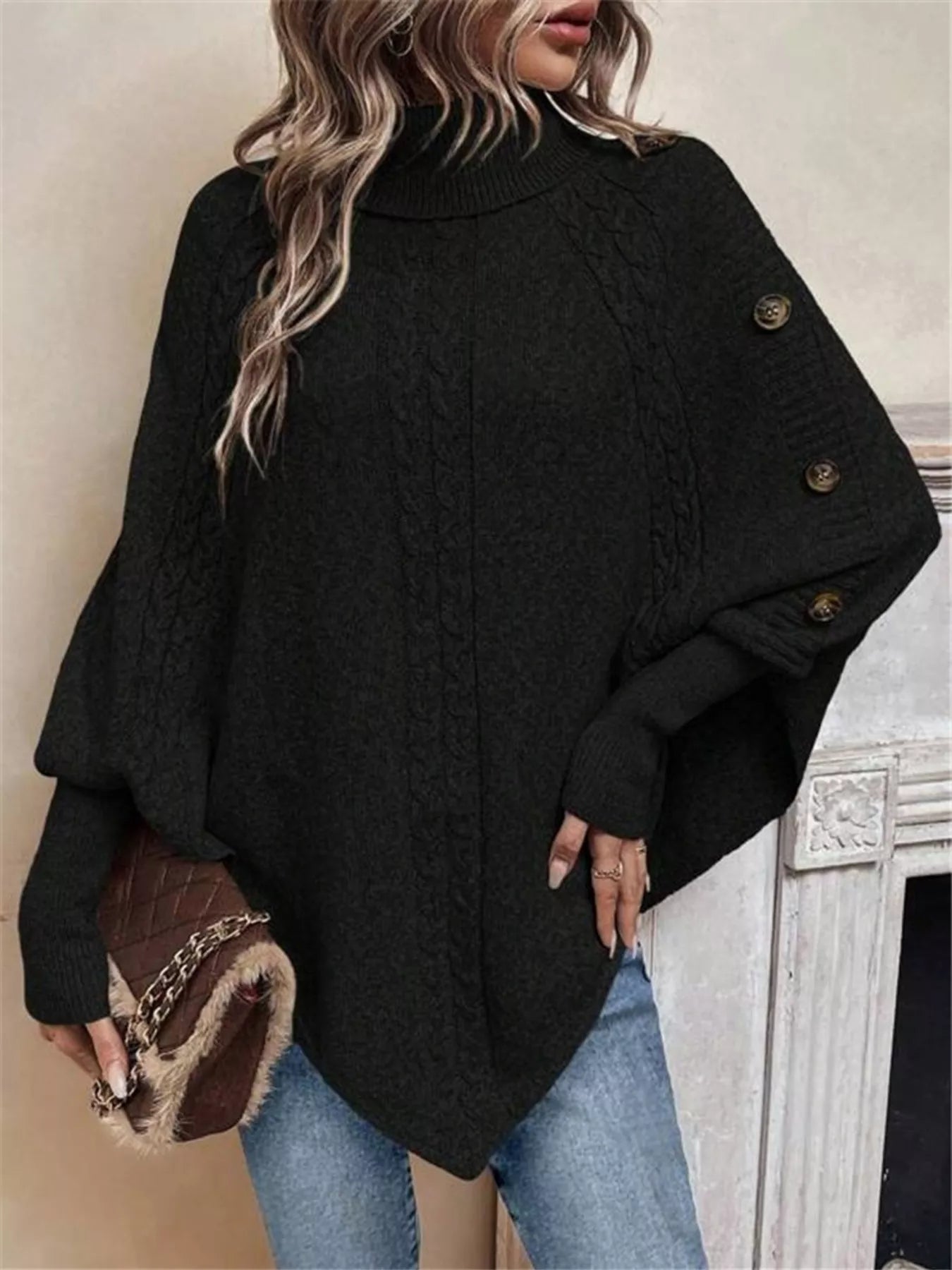 Black Women’s Cable Knit Cape Turtleneck Sweater / Jlouren 
