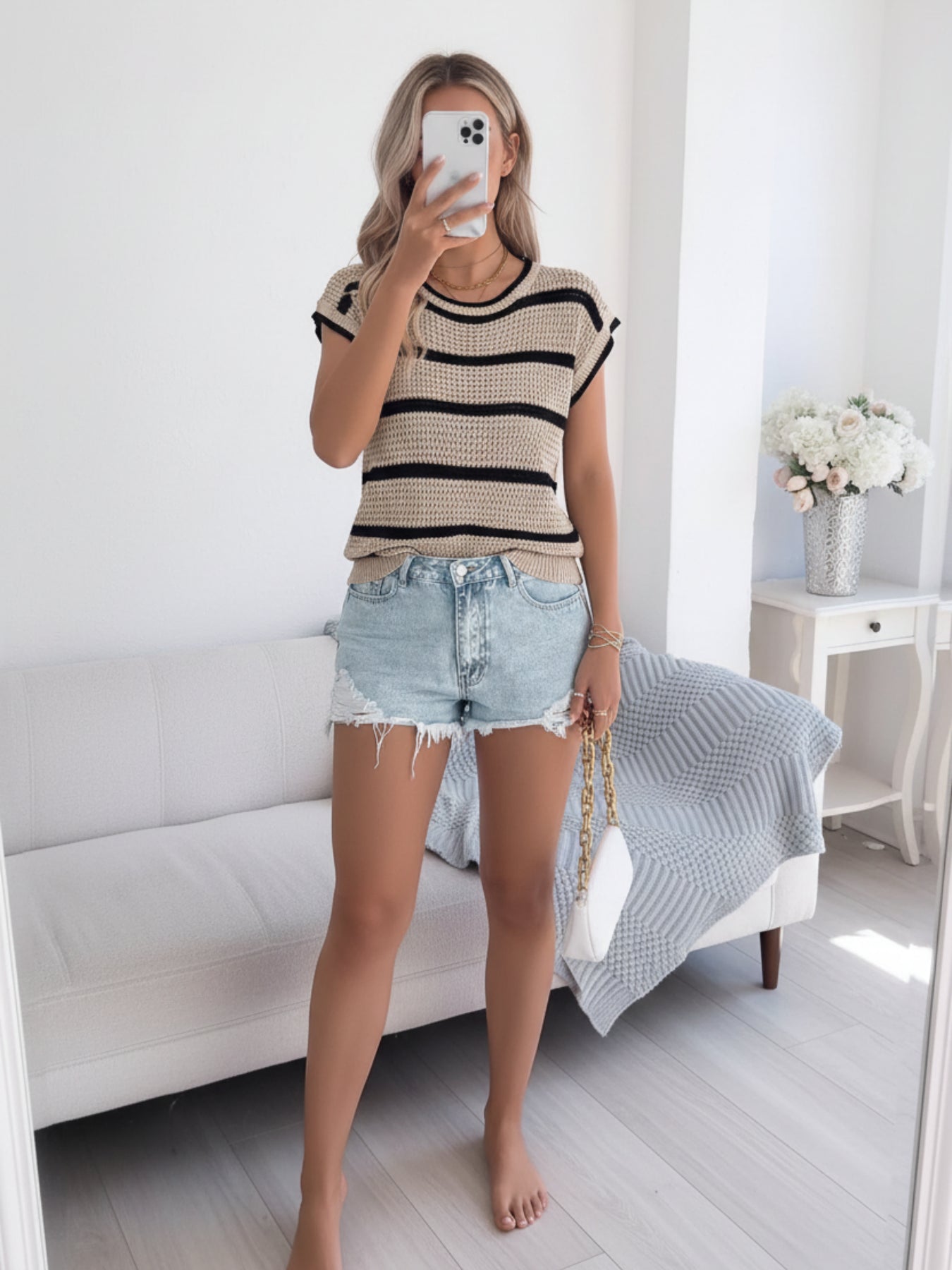 Women's Khaki Striped Sleeveless Knit Top