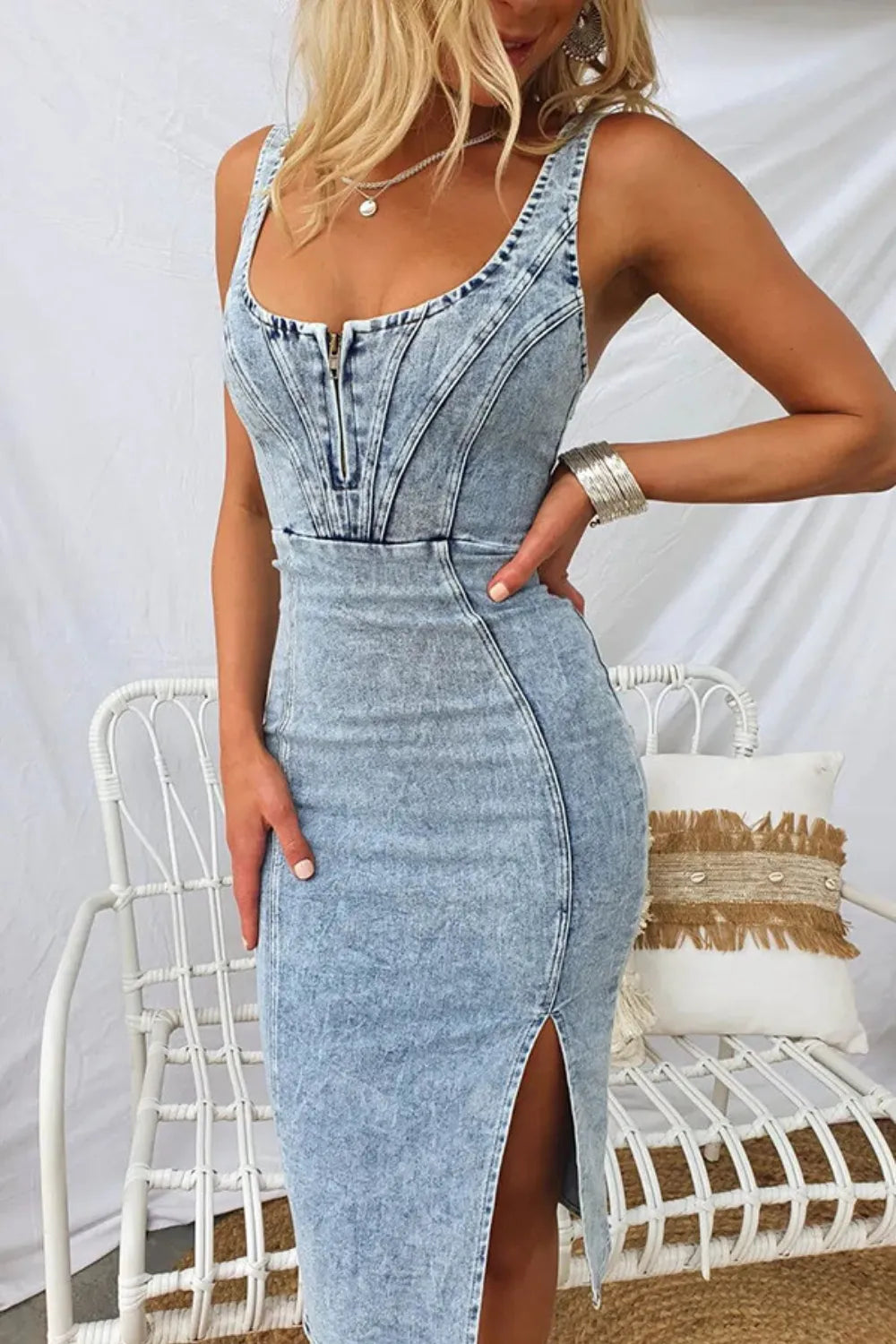 Women’s Sleeveless Bodycon Denim Dress with Side Slit | JLouren 