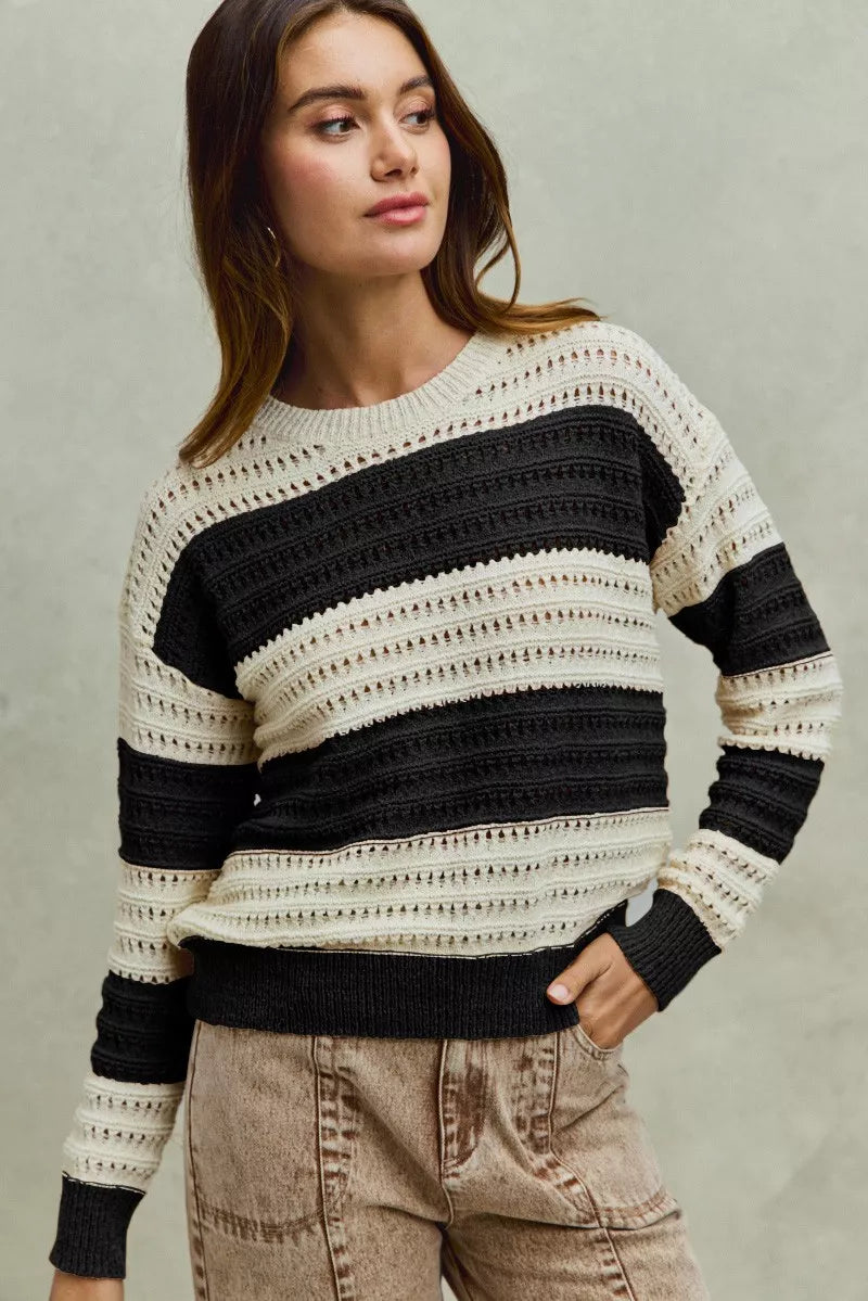 Women’s Openwork Round Neck Striped Textured Knit Sweater | JLouren