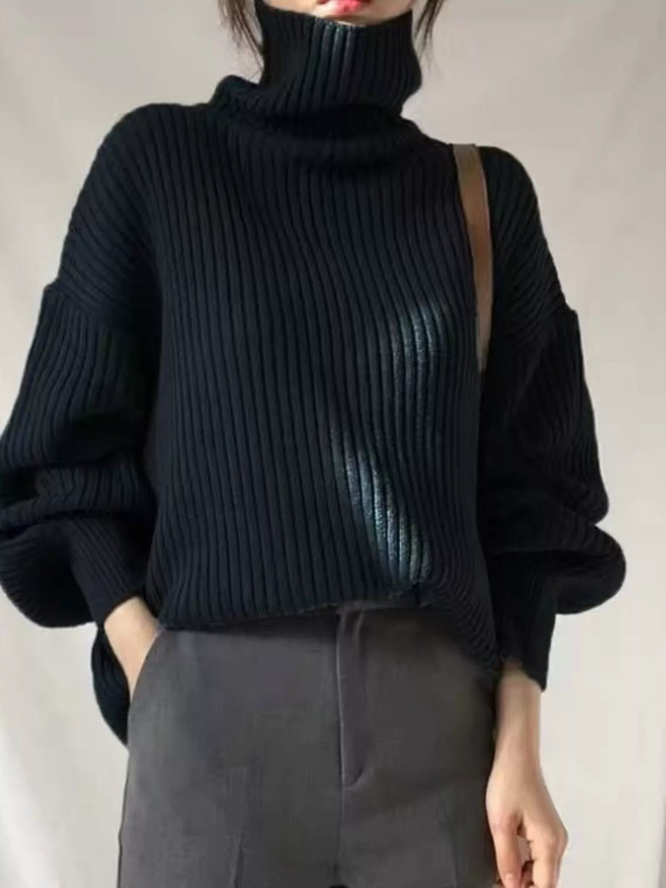 Black Full Size Ribbed Knit Oversized Turtleneck Sweater