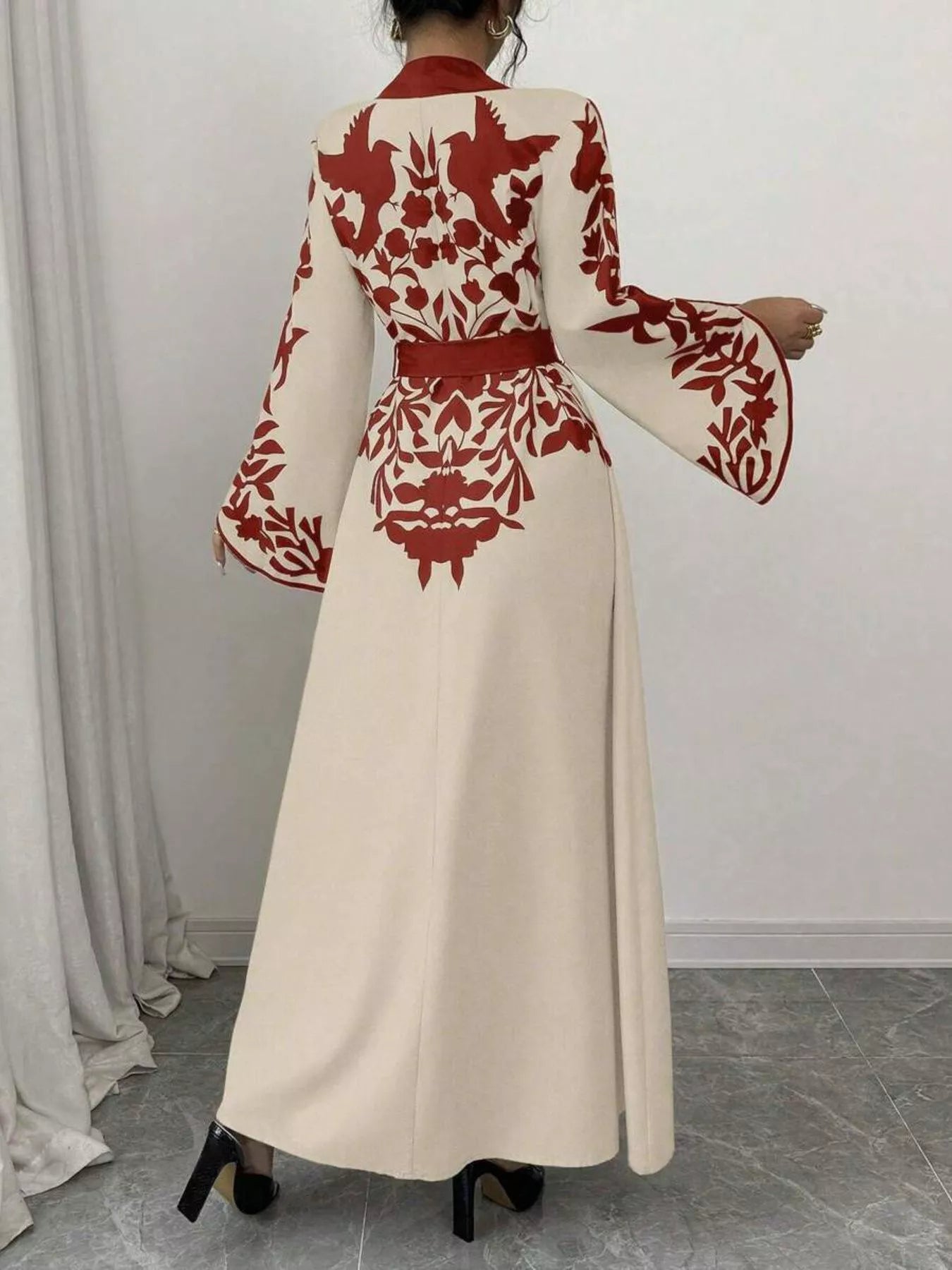 Women Printed Tie Waist Long Sleeve Maxi Dress | Jlouren