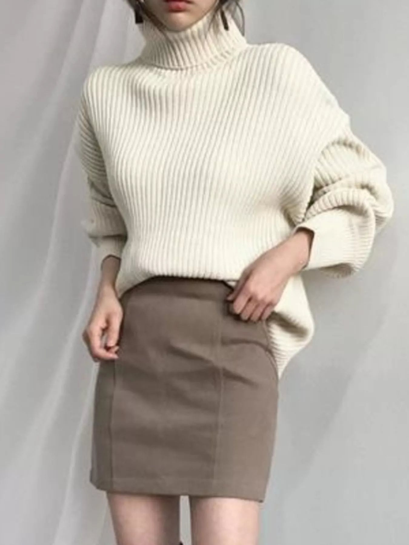 Cream Full Size Ribbed Knit Oversized Turtleneck Sweater