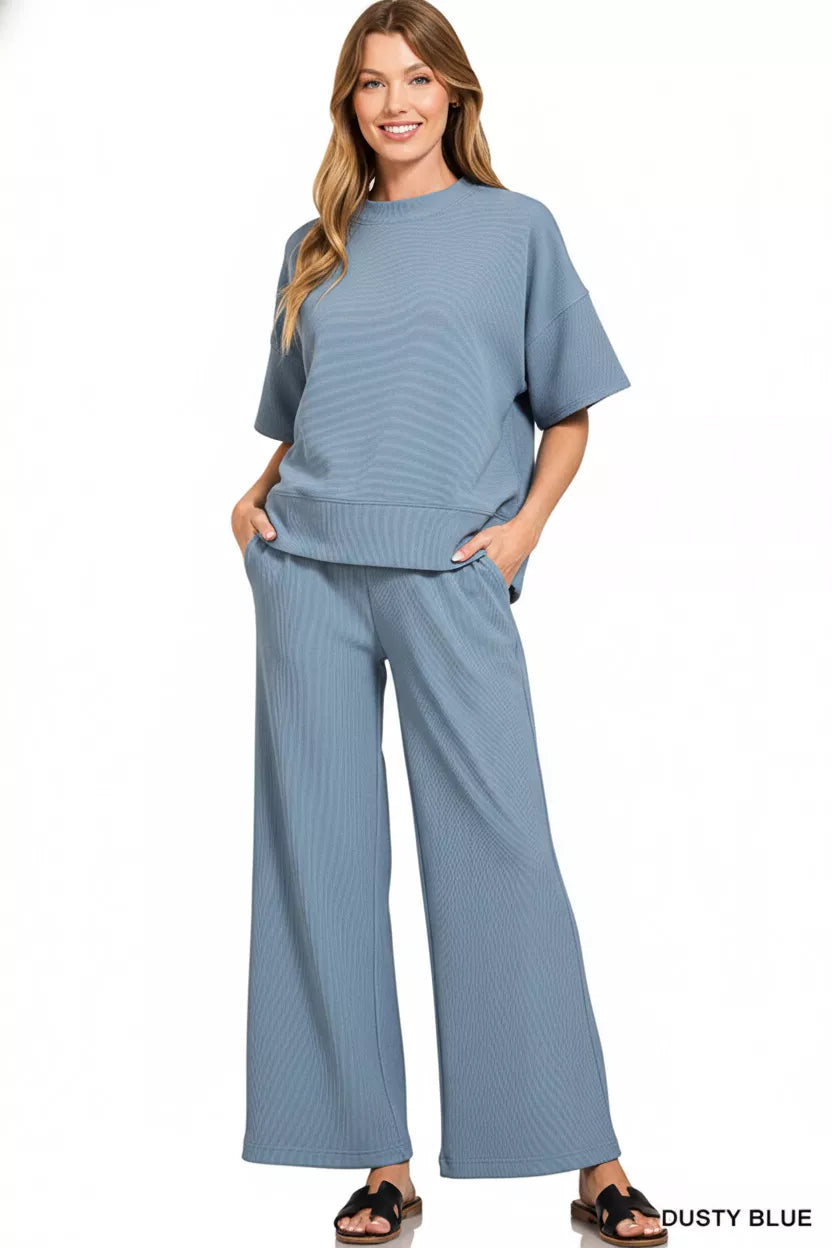 Women’s Two-Piece Blue Ribbed Lounge Set with Wide-Leg Pants | JLouren